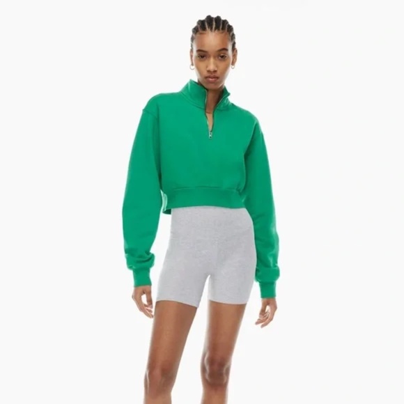 TNA Aritzia Cozy Fleece Money Green 1/4 Quarter Zip Cropped Sweatshirt Vintage S - Picture 12 of 14